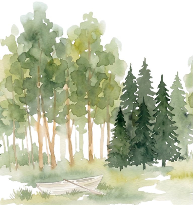 Watercolor forest with boat illustration