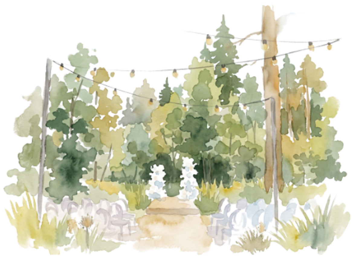 Watercolor garden with string lights illustration